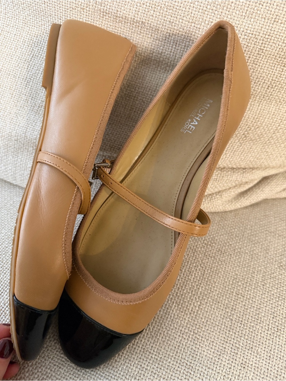 Michael Kors Tan Leather Mary Jane Flats with Black Patent Cap Toe - Picture 10 of 12